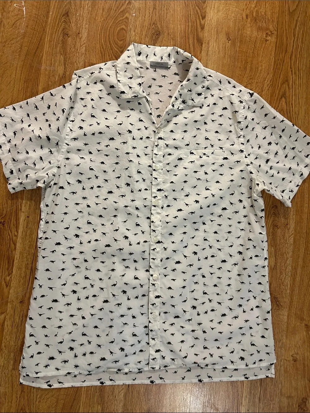 Lanvin White Short-Sleeve Button-Down Shirt with Black Dino Print Sz 16 - Picture 4 of 11